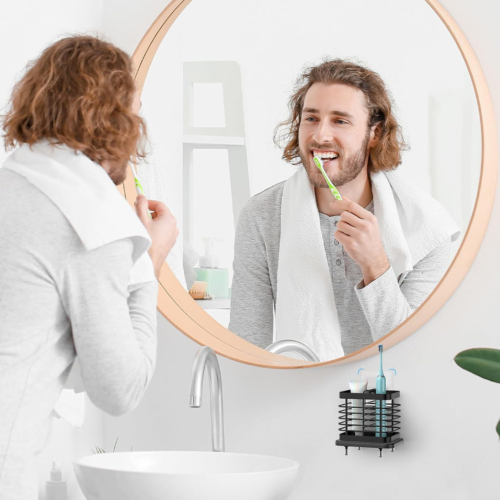 Toothbrush Holders for Bathroom, Adhesive Electric Toothbrush Holder with Fast Dry Tray Wall Mounted Toothbrush Holder Shower Toothpaste Bathroom Organizer Essentials, 2 Slots, Black