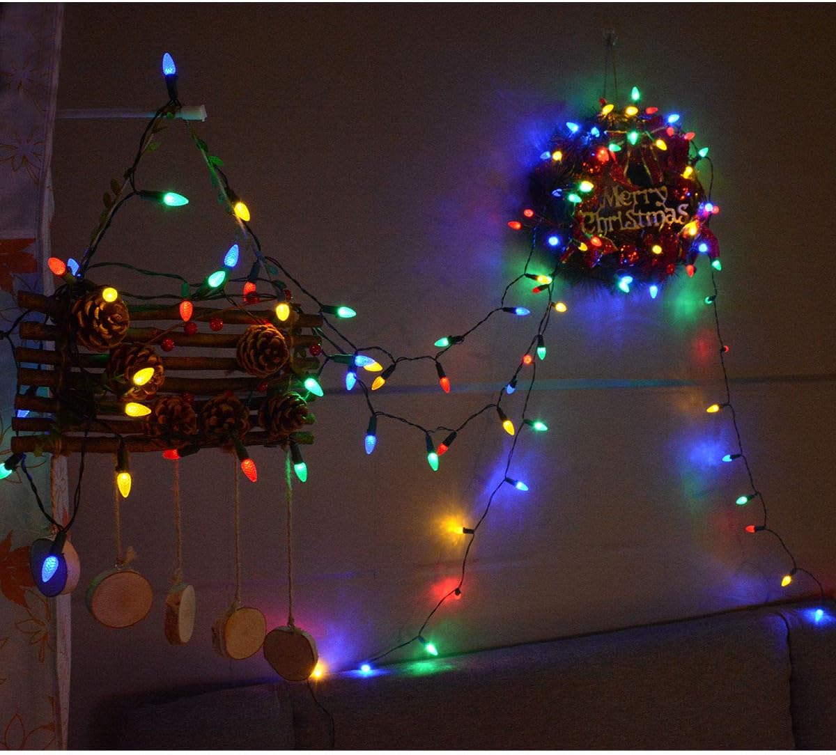 50 Counts Multi-Colored Led Christmas Lights, Battery Powered String Lights, Strawberry Shaped Fairy Lights for Christmas Wreath Garland Tree Decorations