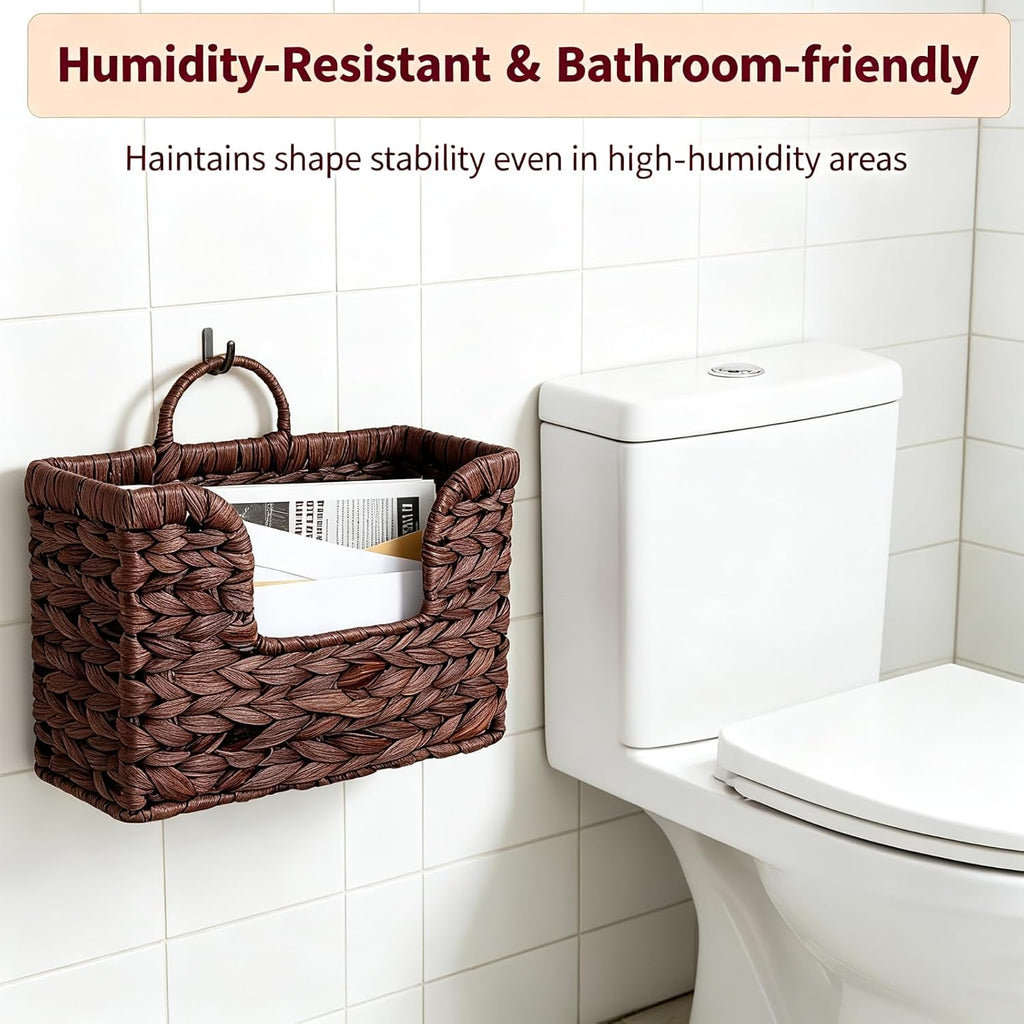 Hanging Magazine Basket, Woven Wall Magazine Holder Organizer with Handle for Mail, Files, Books - Water Hyacinth Farmhouse Storage Rack for Bathroom, Kitchen, Office (1, Brown)