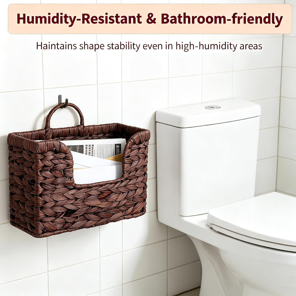Hanging Magazine Basket, Woven Wall Magazine Holder Organizer with Handle for Mail, Files, Books - Water Hyacinth Farmhouse Storage Rack for Bathroom, Kitchen, Office (1, Brown)