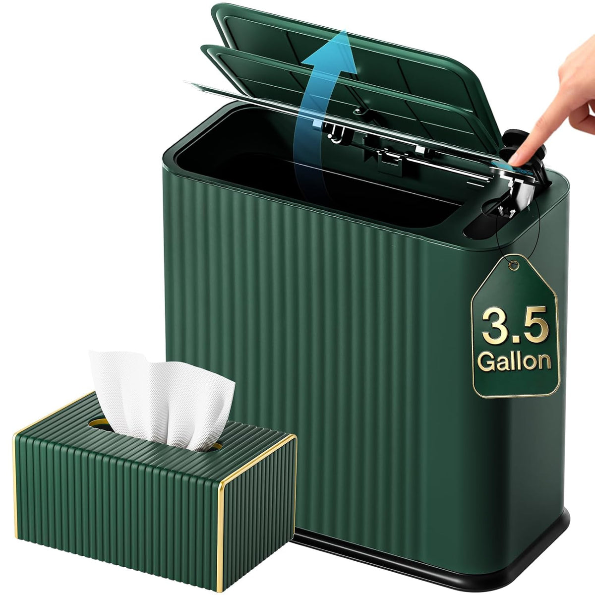 Bathroom Trash Can with Lid and Tissue Box Cover Set 13 L/ 3.5 Gallon Dark Green Trash Can with Pop-Up Lid Small Garbage Can for Bathroom Bedroom Office Kitchen