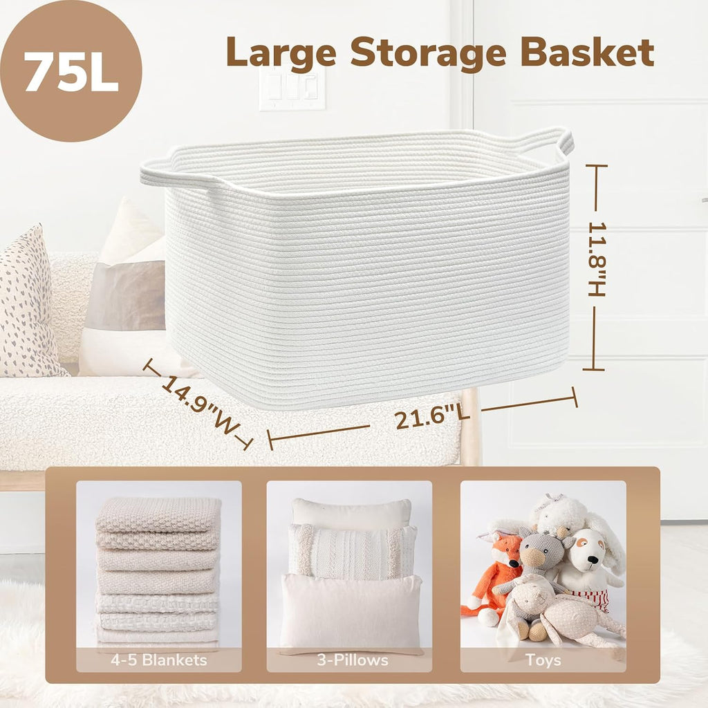 Goodpick Large Woven Rope Blanket Basket, Rectangle, White, 75L