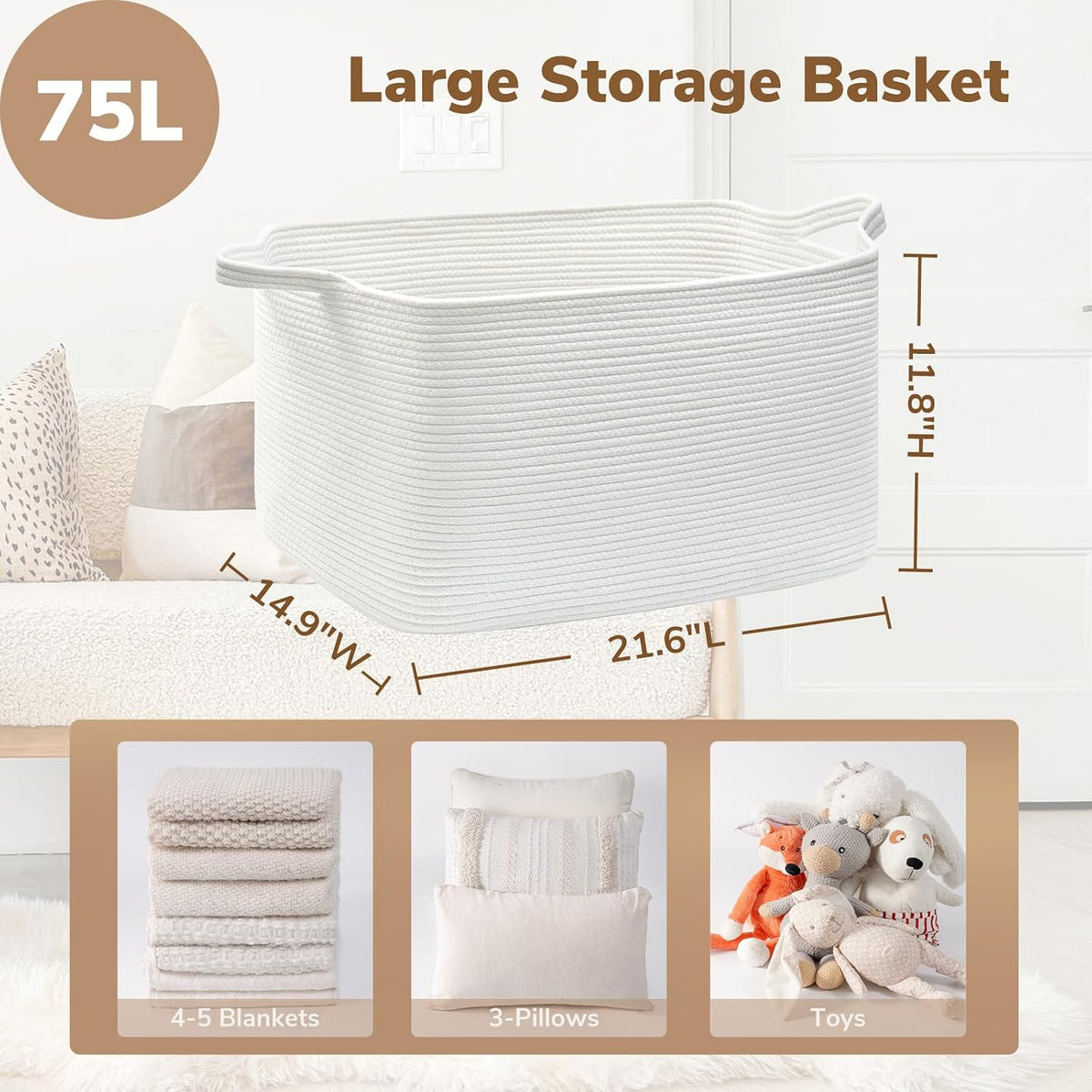 Goodpick Large Woven Rope Blanket Basket, Rectangle, White, 75L