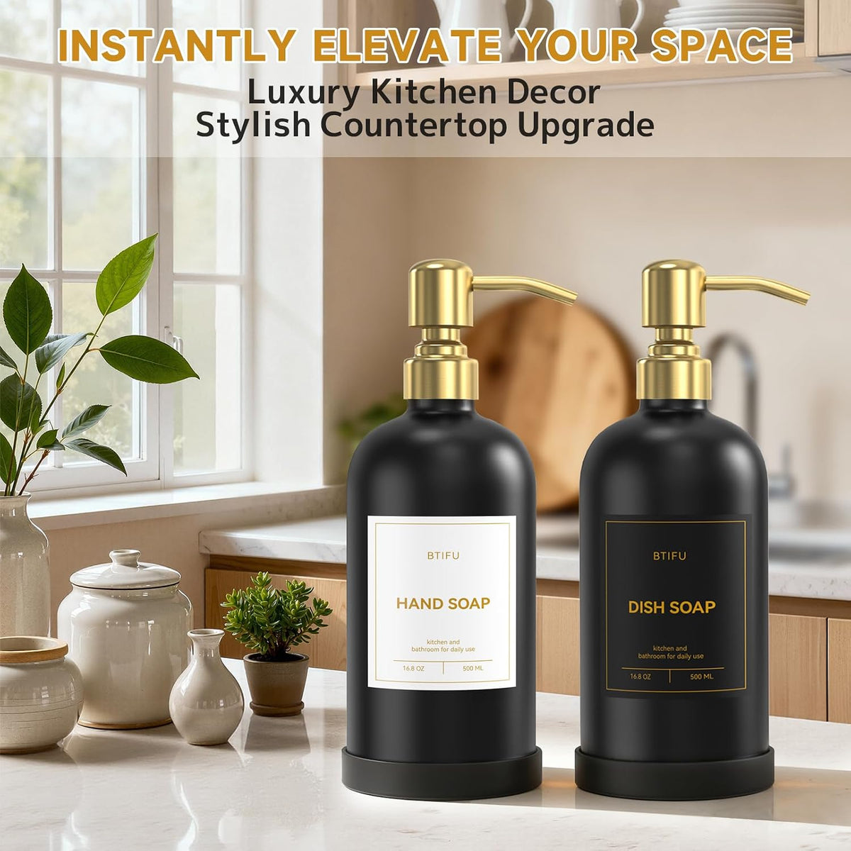 Kitchen Soap Dispenser Set – 16.8oz/500ml Glass Hand and Dish Soap Dispenser with Stainless Steel Pumps & Non-Slip Silicone Base, Luxury Countertop Decor for Home, Airbnb, Hotel (Black & Gold)