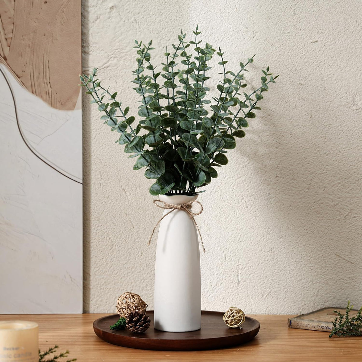 LemonRoad 2 Pack Artificial Eucalyptus Stem in White Ceramic Vase 19" Fake Greenery Plants for Home Decor 40 Pcs Modern Indoor Fake Eucalyptus Stem for Table Centerpiece Living Room Bathroom
