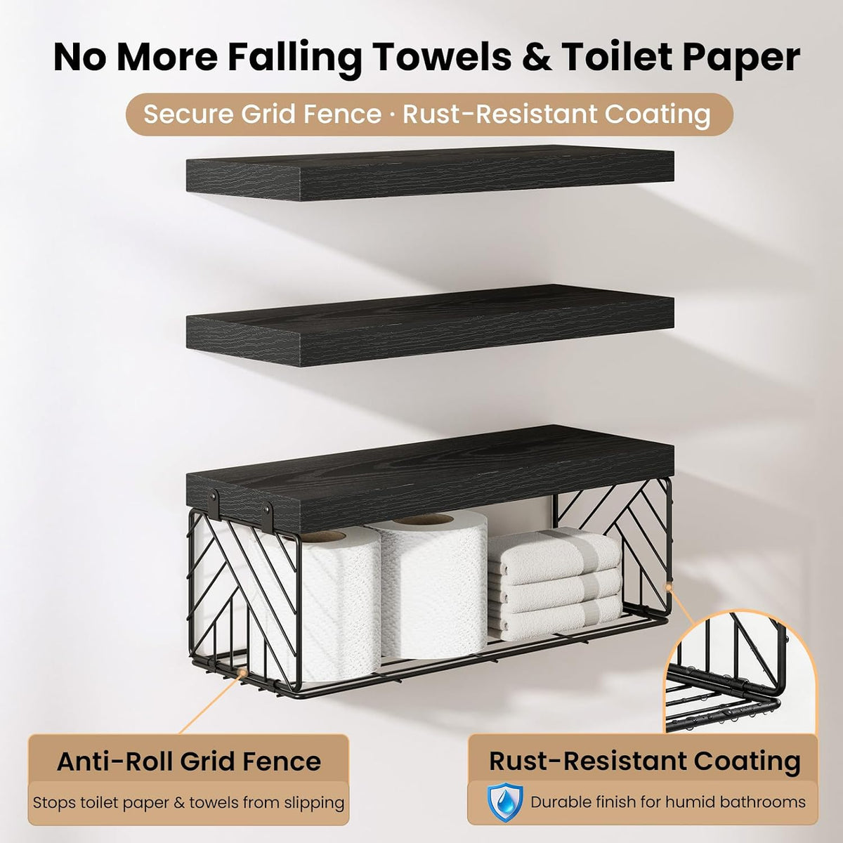 BAYKA Black Floating Bathroom Shelves, 15.7in, 3Pk, Wall Mount Wood Shelf