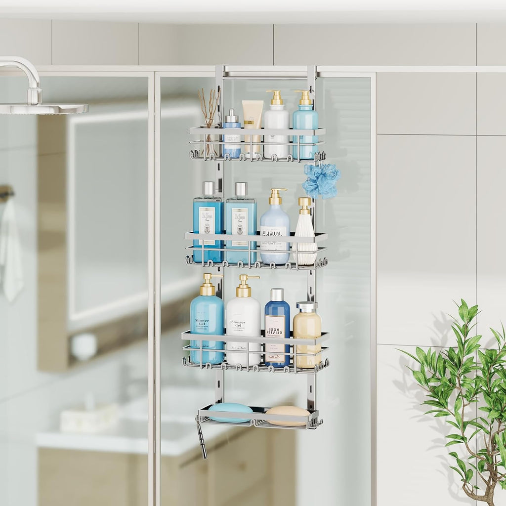 SWTYMIKI Over The Door Shower Caddy - 4 Tier Rustproof Hanging Shower Organizer with Adjustable Shelves, 40 Hooks & Soap Holder, Hanging Shower Rack Storage for Bathroom Accessories, Silver