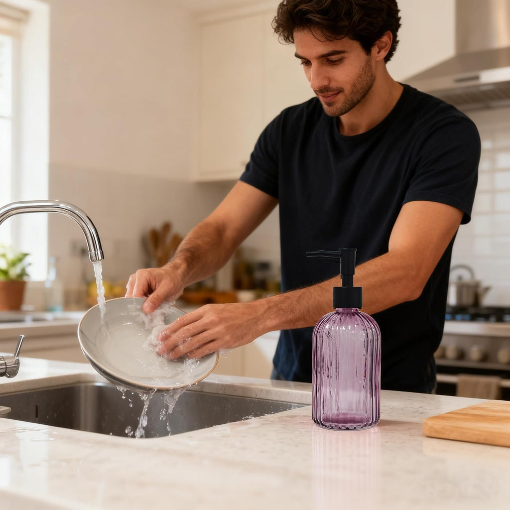 Black Pump Glass Soap Dispenser, 13.5oz, Purple Stripe