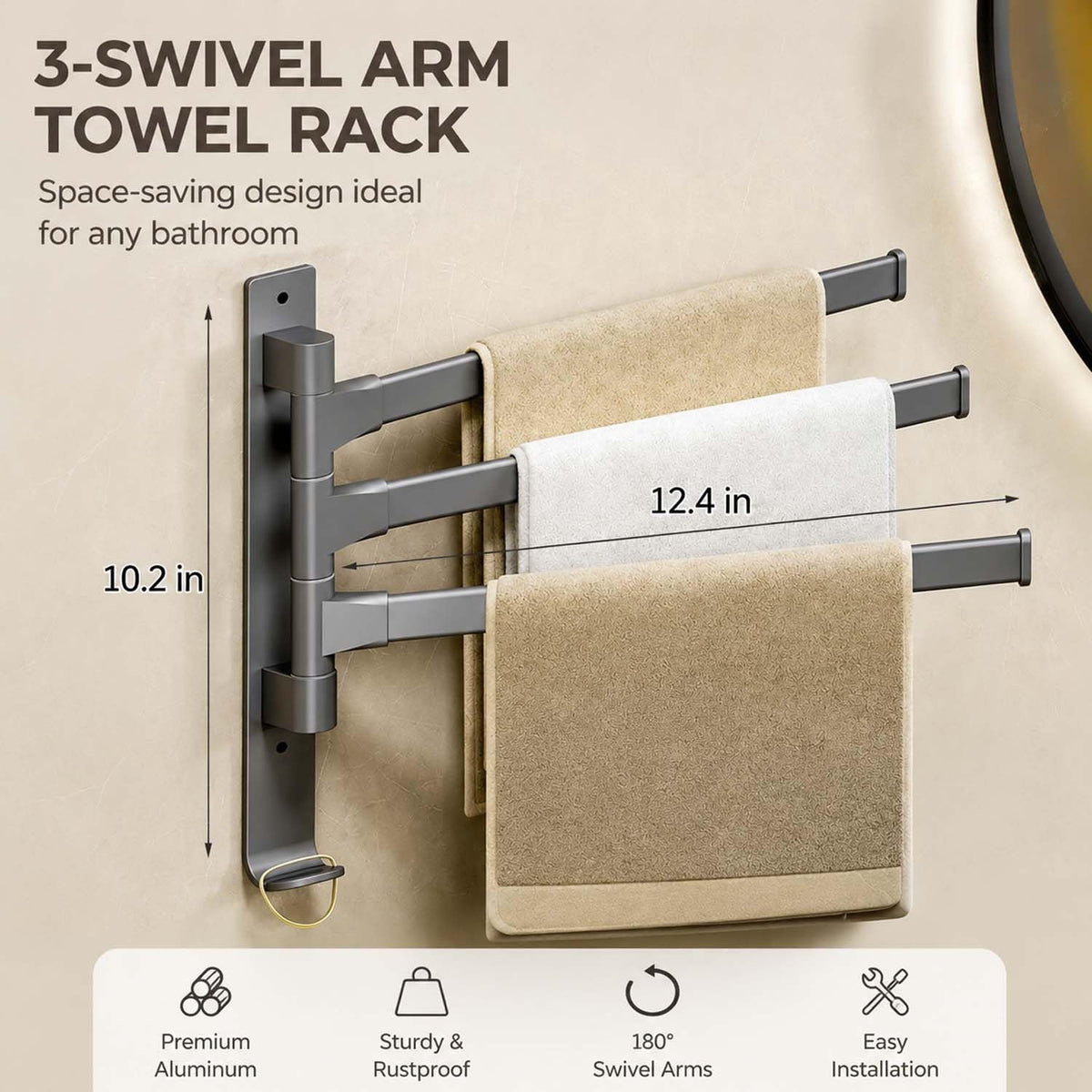 Wall Mounted Swivel Towel Rack No Drill for Bath Small Space Renters