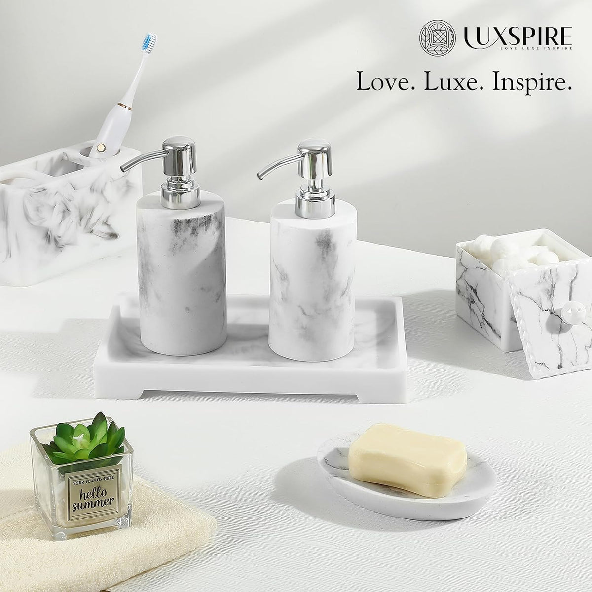 Luxspire Marble Tray for Soap Dispenser Perfume Jewelry, M, Marble White