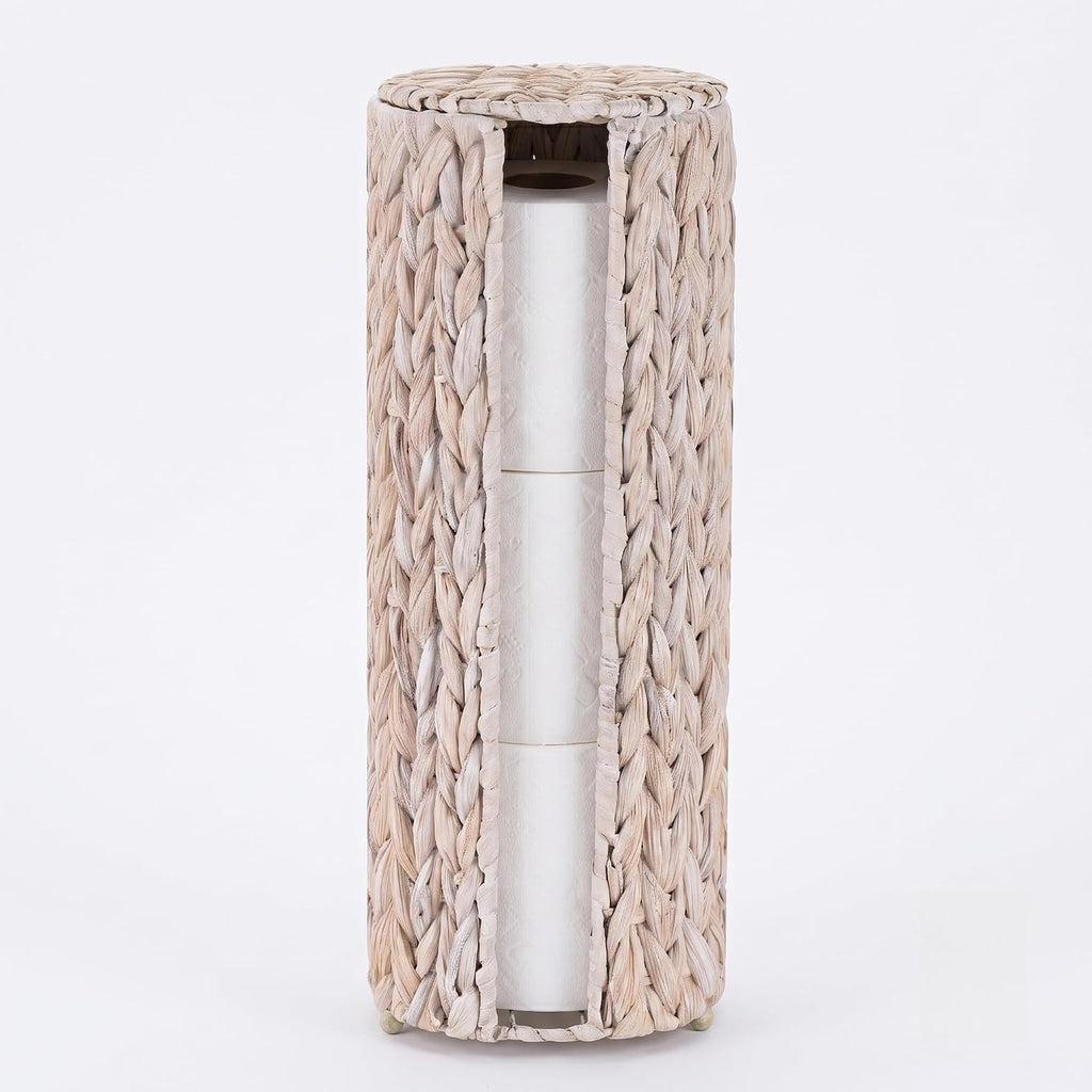 PINXIURY Water Hyacinth Paper Roll Holder, Wicker Toilet Paper Holder Stand for Bathroom, Toilet Roll Holder Stand for Bathroom and Under Sink, 3 Rolls of Toilet Paper Storage, Whitewash