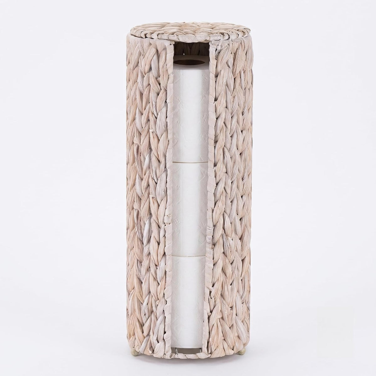 PINXIURY Water Hyacinth Paper Roll Holder, Wicker Toilet Paper Holder Stand for Bathroom, Toilet Roll Holder Stand for Bathroom and Under Sink, 3 Rolls of Toilet Paper Storage, Whitewash