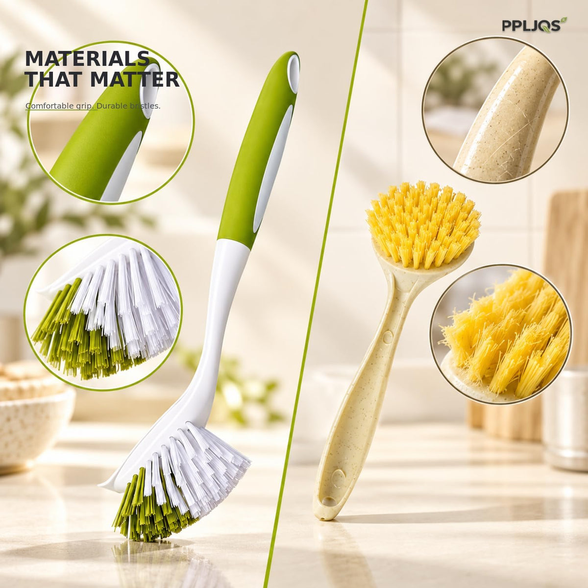 Dish Brush Scrub Brush with Handle - 3 Pack Stiff Bristles Dish Scrubber for Cleaning Dishes, Pots, Pans, Sink, Cast Iron - Hard Bristles,No Residue (Green)