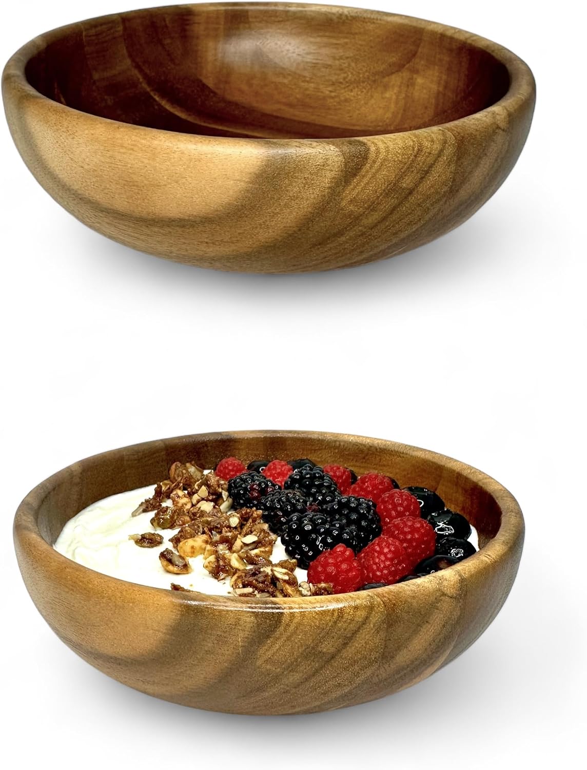 Rest&Rooted Acacia Decorative Wooden Bowls (2 Pcs) - Bowls for Food like Soup, Salad & So On - Water Resistant & Food Safe Wooden Salad Bowl Set - Perfect Nature-Friendly Modern Kitchen Decor (32 oz)