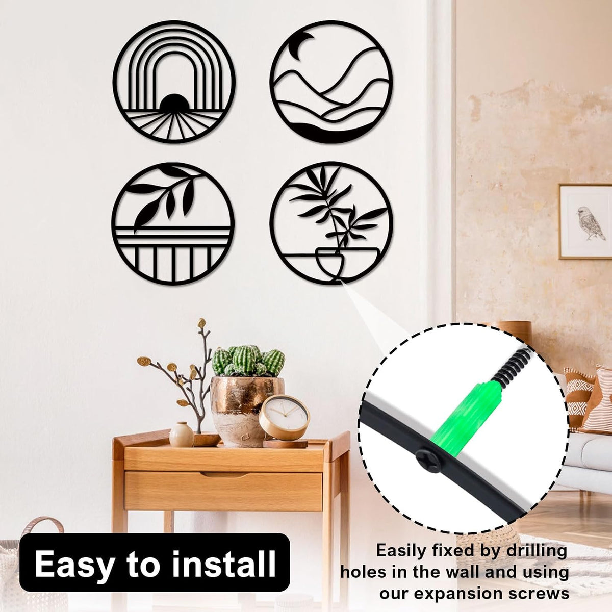 FANTAART 4 Piece Boho Metal Wall Art Black Minimalist Decor