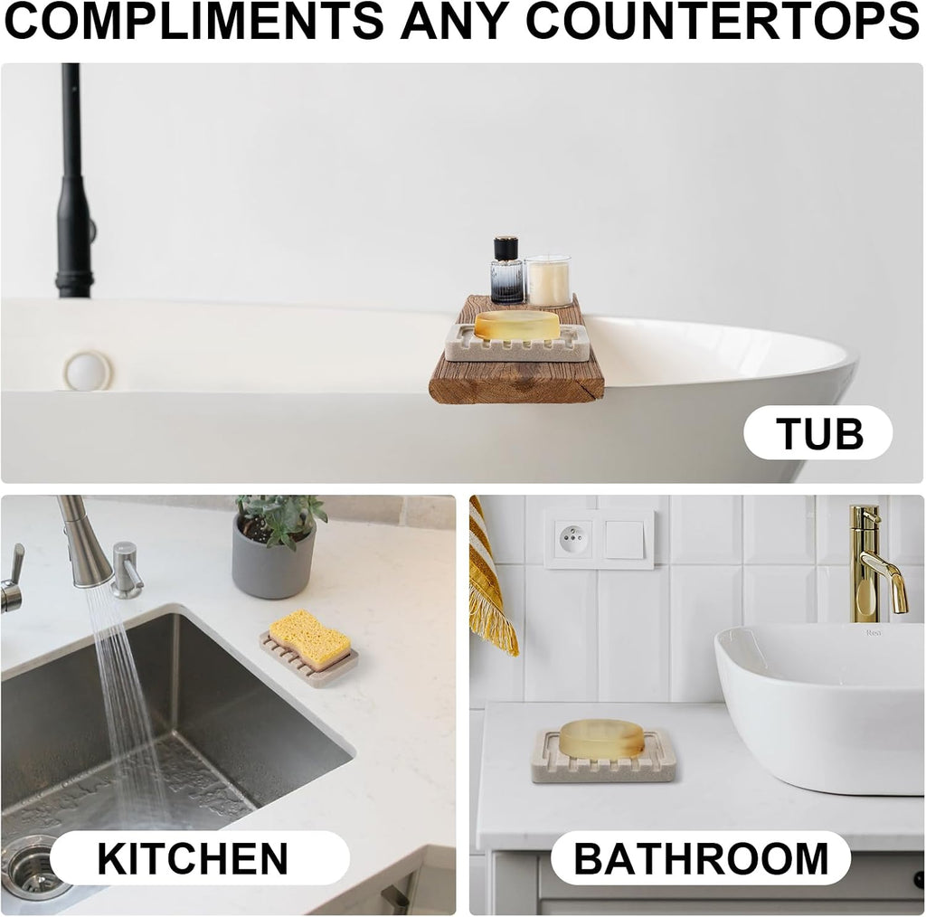 2 Pack Beige Self Draining Soap Dish Bar Soap Holder Sponge Tray for Bathroom Kitchen Sink Countertop
