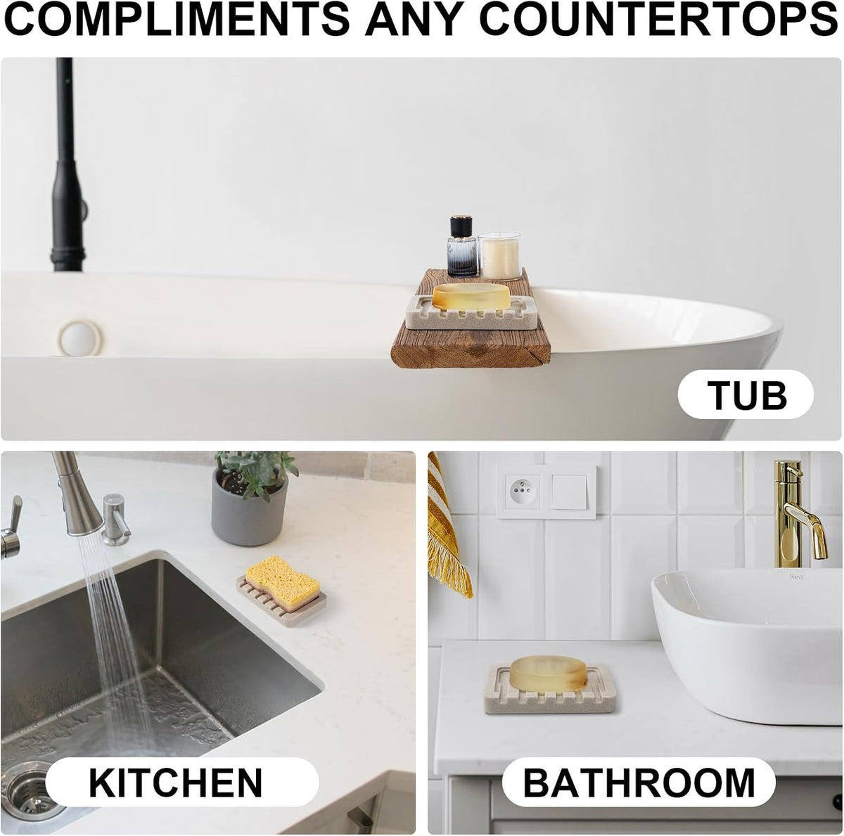 2 Pack Beige Self Draining Soap Dish Bar Soap Holder Sponge Tray for Bathroom Kitchen Sink Countertop