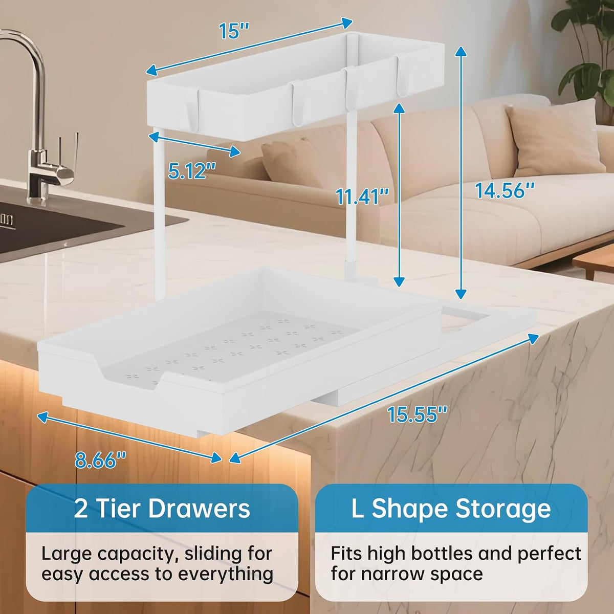 NATURE'S SOURCE 2-Tier Under Sink Organizers and Storage 2 Pack Sliding L-shape Under Cabinet Organizers For Narrow Space Multi-purpose Sink Organizer for Bathroom Kitchen Drawer(White 2 Pack)