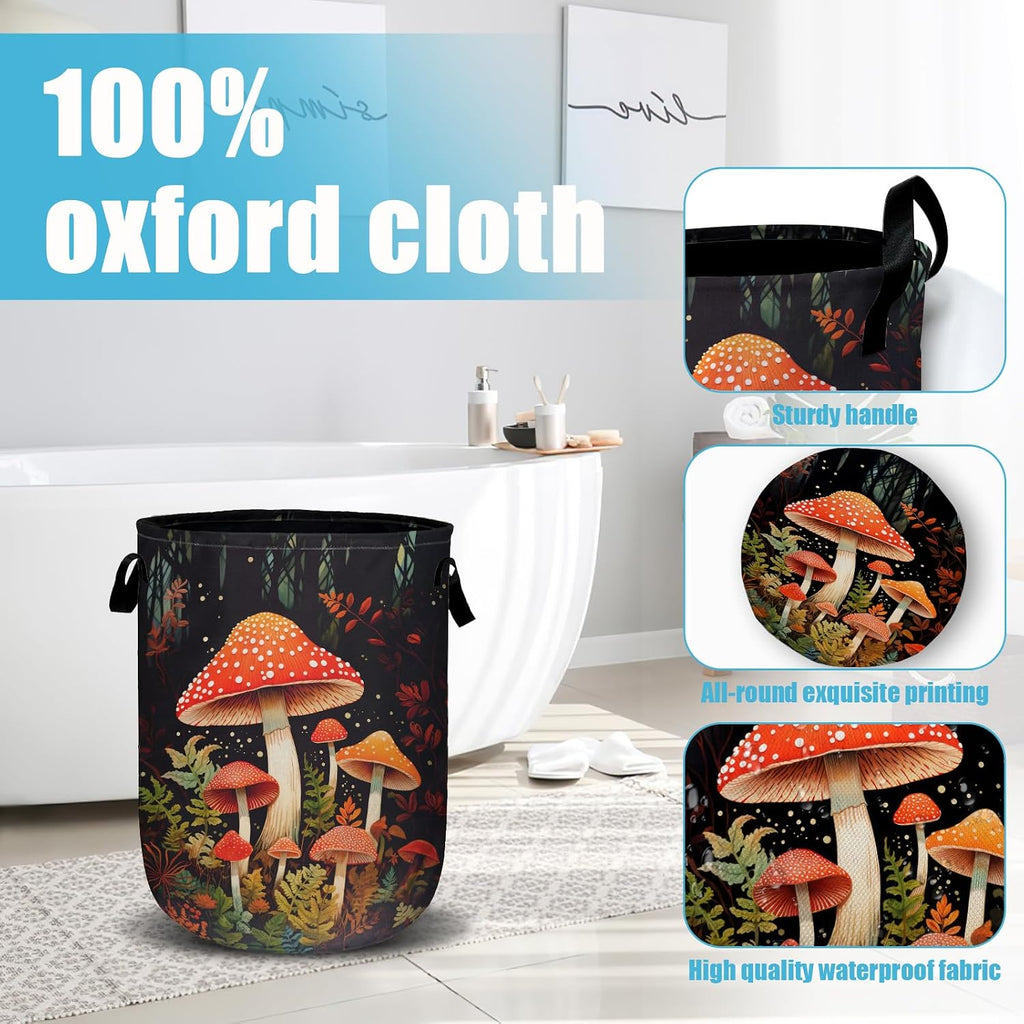 Mushrooms Forest Laundry Basket, Laundry Hamper Collapsible Oxford Cloth with Handle Clothes Storage Bin for Bathroom Laundry Room Bedroom 15.7 X 20 Inch