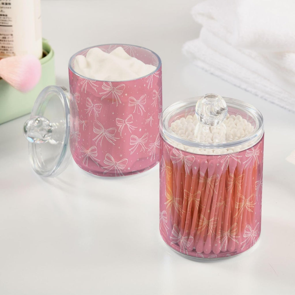Pink Bows Qtip Holder for Cotton Ball Swab Acrylic 2 Packs