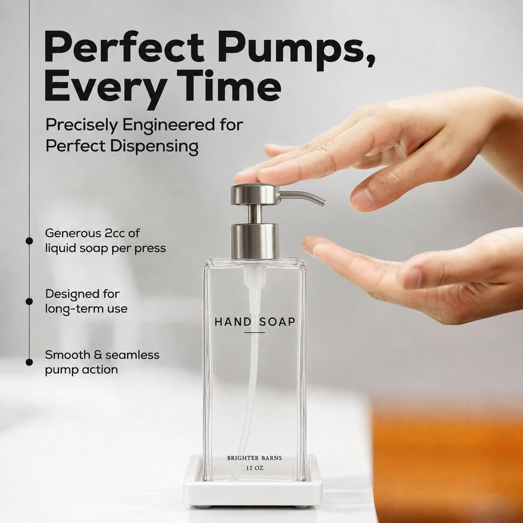 Glass Hand and Dish Soap Dispenser Set by Brighter Barns - 12oz Modern Kitchen Soap Dispenser, Stainless Steel Pump - Minimalist Home Decor for Hotel, Restaurant, Vacation Rental, Gifts (Clear/Silver)