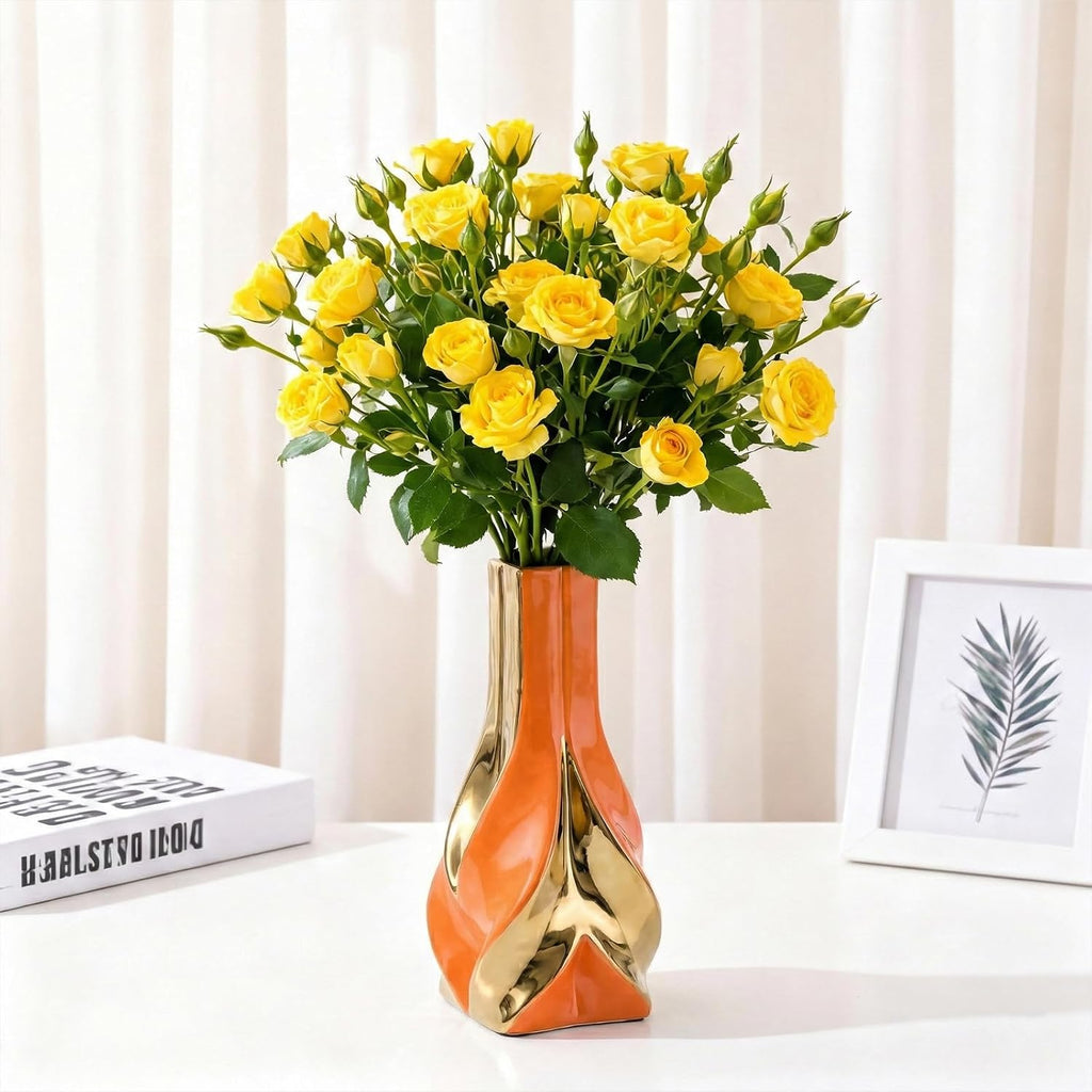 10.6" Orange and Gold Ceramic Vase, Modern Geometric Flower Vase for Dining Table Centerpiece, Elegant Decorative Vase for Pampas Grass, Living Room, Bedroom, Office, Tabletop Decoration