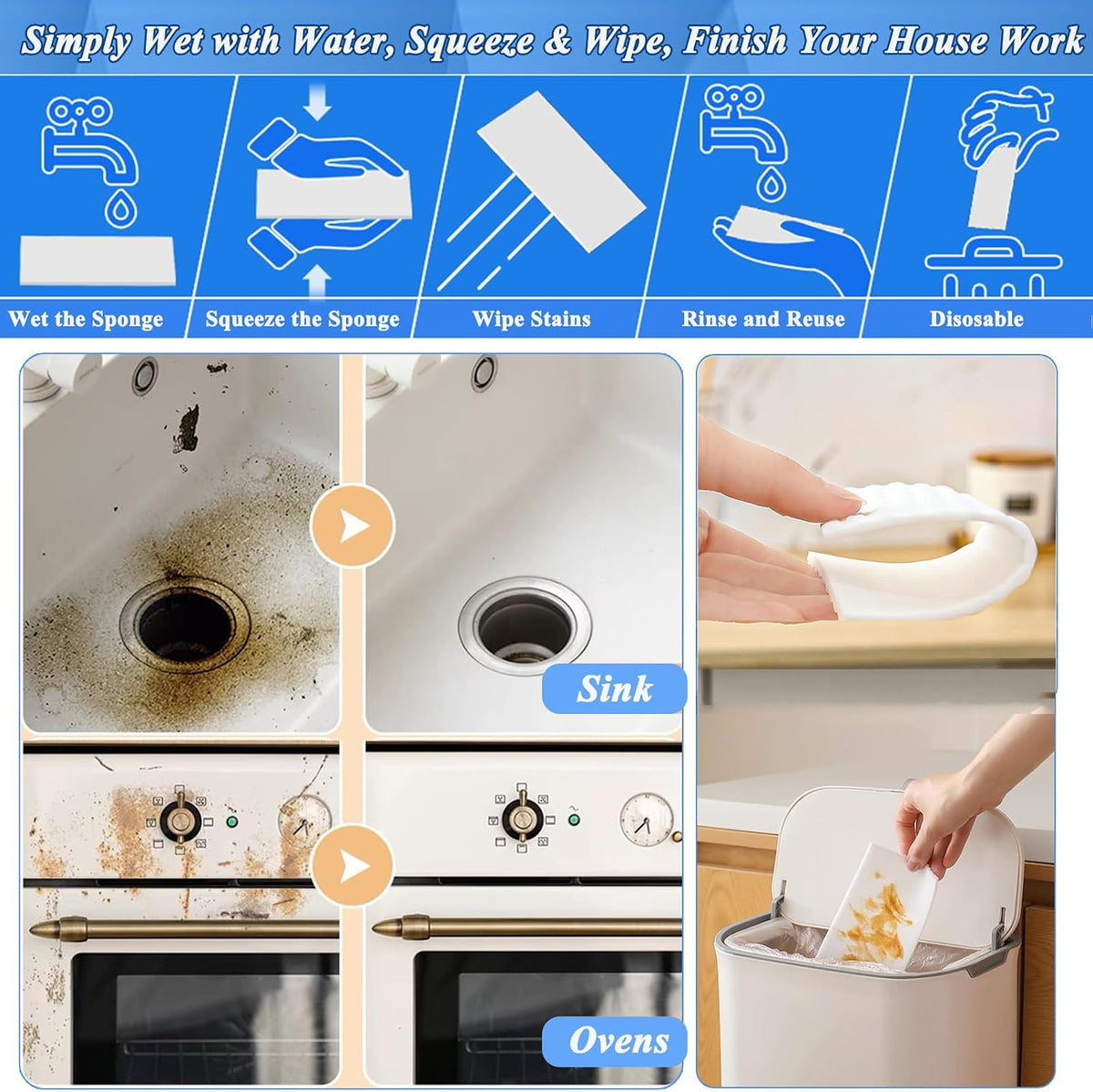 Magic Sponge Eraser Sheets, 52Pcs All-Purpose White Melamine Sponge Convex Point Disposable Magic Cleaning Wipes for Furniture Kitchenware, Hard-to-Reach Places, Shoe