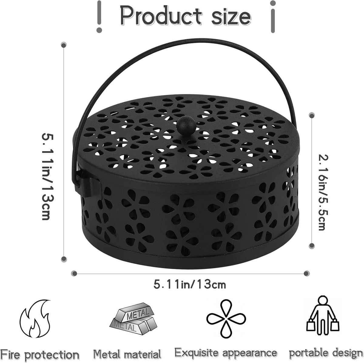 Portable Iron Mosquito Coil Holder with Handle for Outdoor, Black
