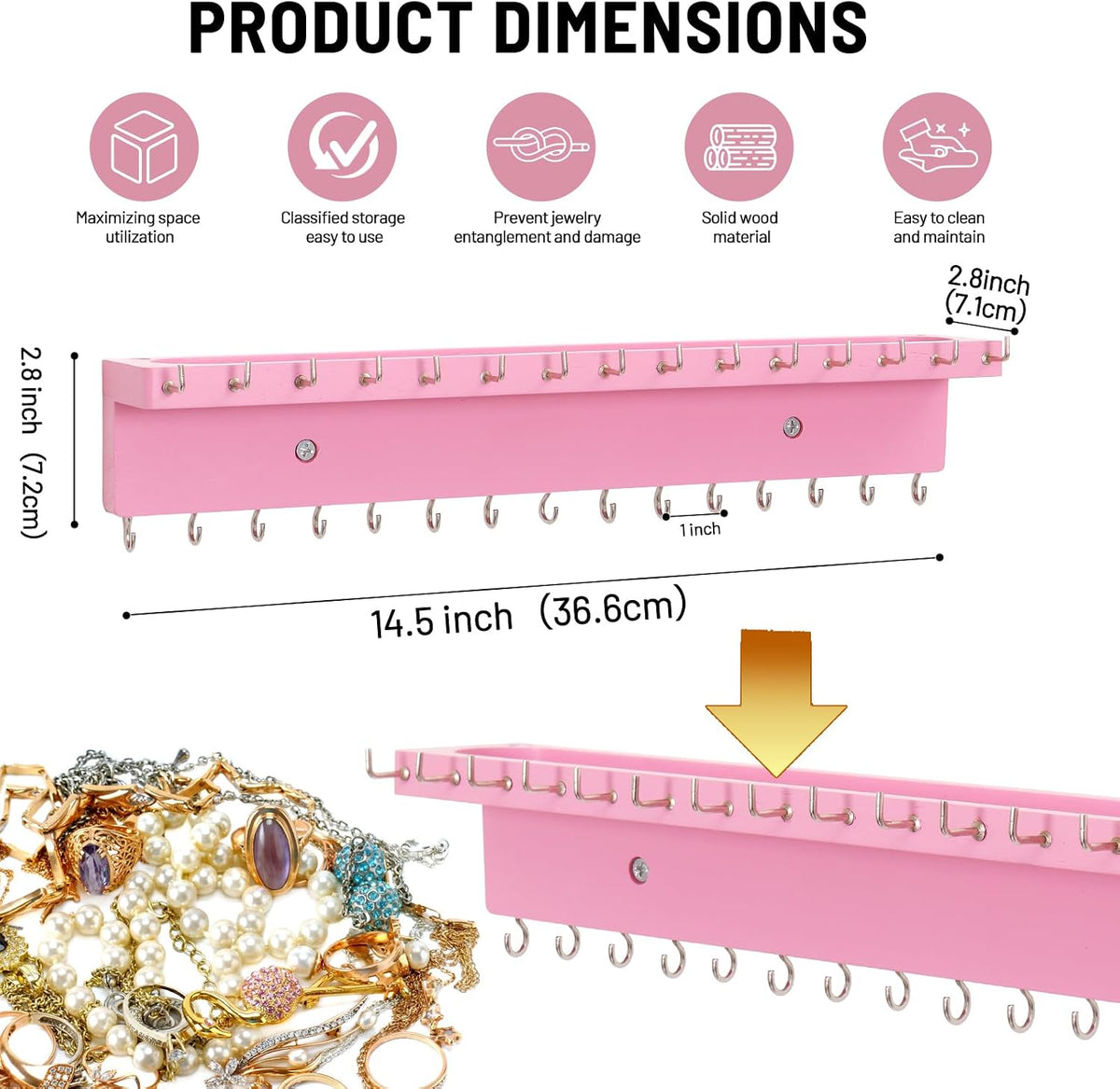 Necklace Holder Wall Mount,Jewelry Organizer with 30 Hooks,Pink