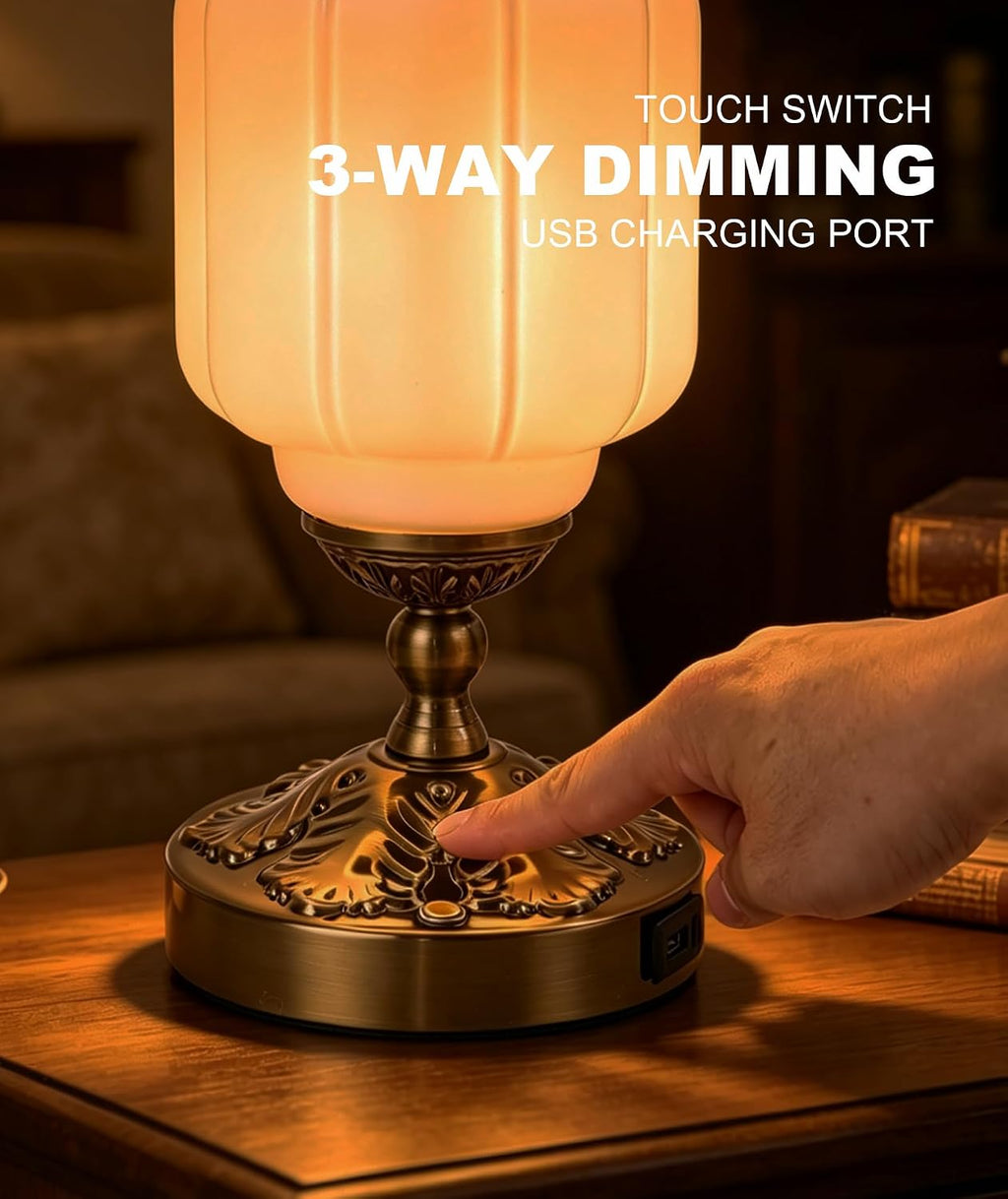 Vintage Touch Table Lamp, Milk Glass Shade with Metal Base, 3 Way Dimmable Desk Light with USB Charging Ports, Retro Lamp for Living Room Bedroom Bedside Nightstand