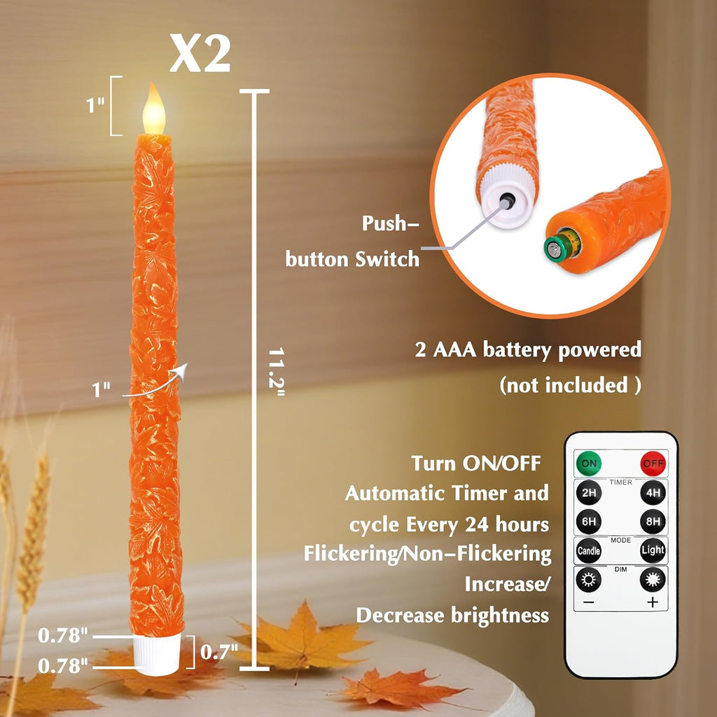 Impress Life Fall Flameless Taper Candles, Carved Maple Leaf Real Wax