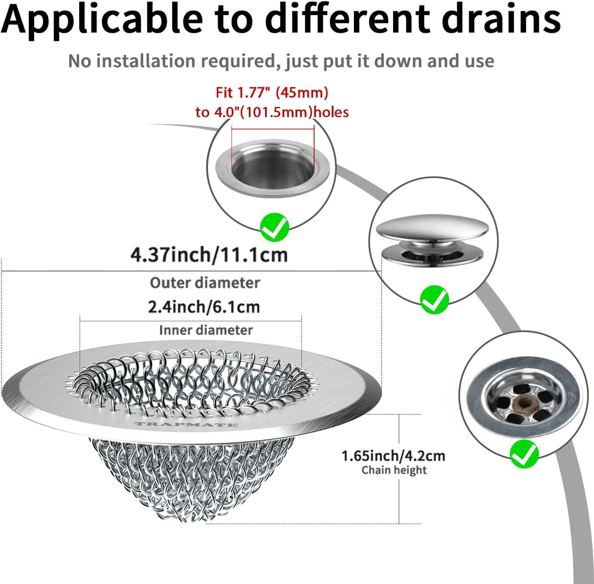 TRAPMATE 2 Pack Bathtub Drain Hair Catcher Shower Drain Cover Protector