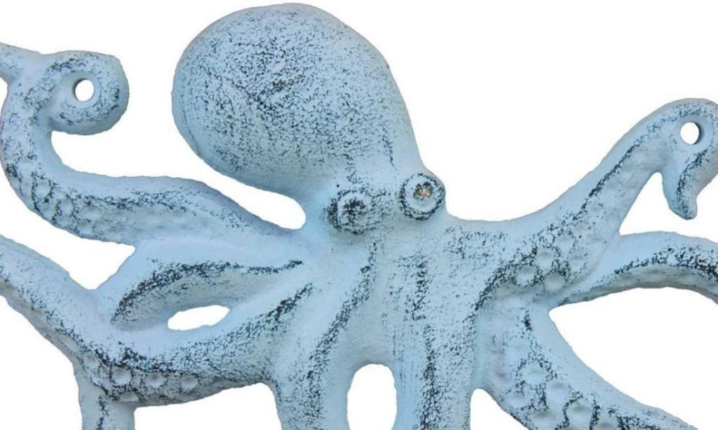 Rustic Dark Blue Whitewashed Cast Iron Octopus Hook 11 Inch - Decorative Hook - Sealife Metal Wall Hook