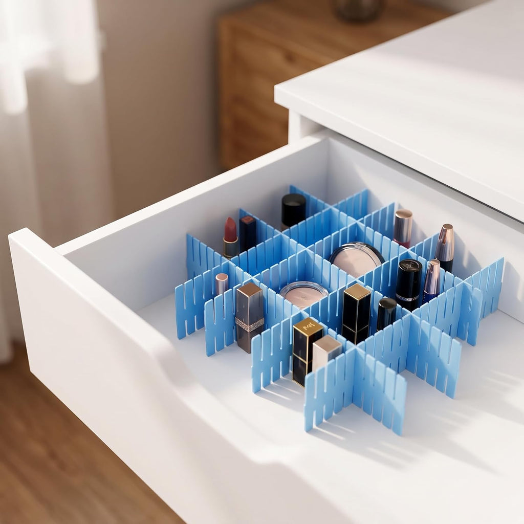 JOIKIT 60 PCS Blue Plastic DIY Grid Drawer Dividers, Adjustable Organizer, Household Storage Makeup Socks Underwear Organizer