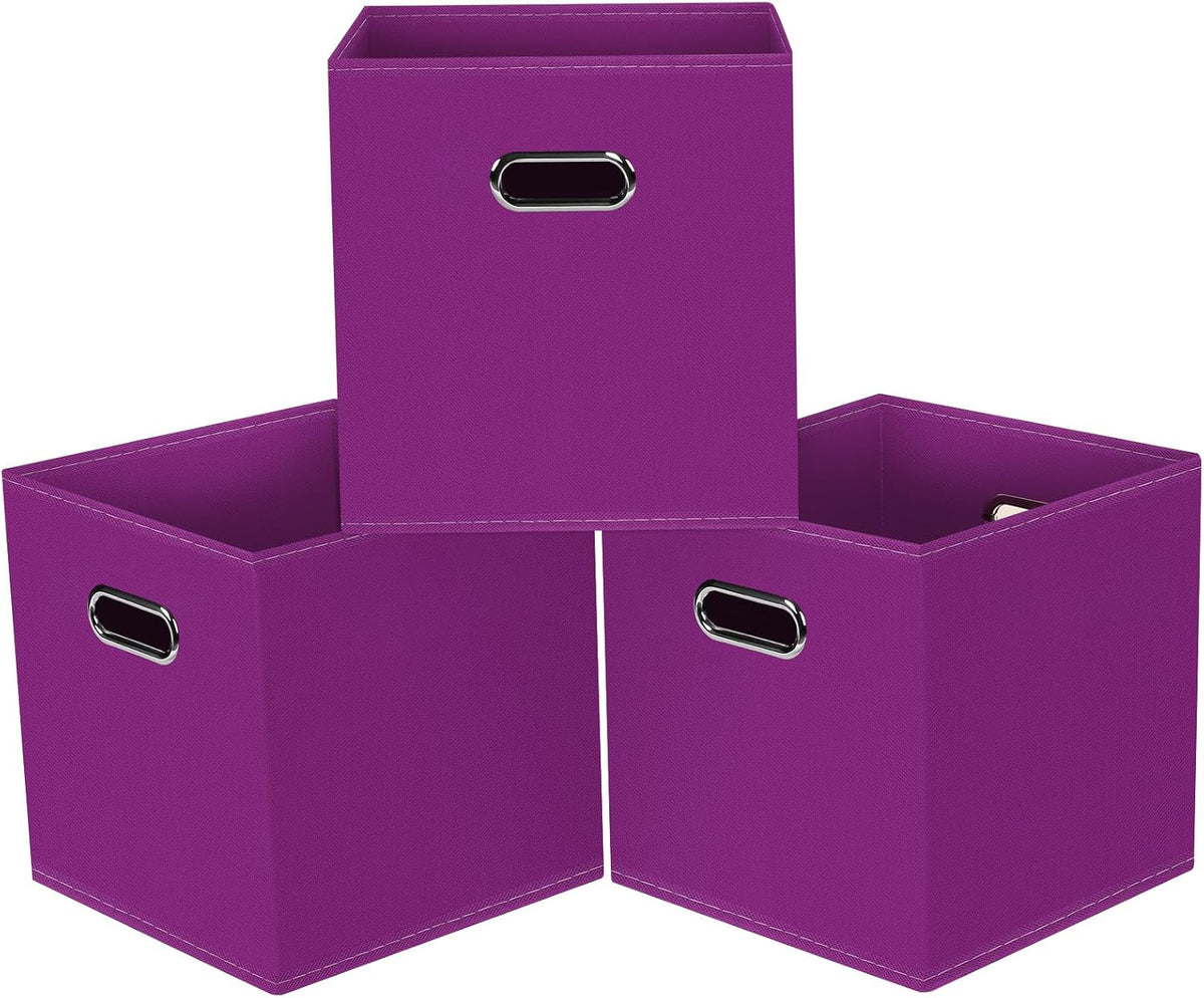 Black Foldable Storage Cubes Bins, Fabric Storage Box Cubes Organizer Baskets with Dual Handles for Home Organizer,Set of 3,(Purple)
