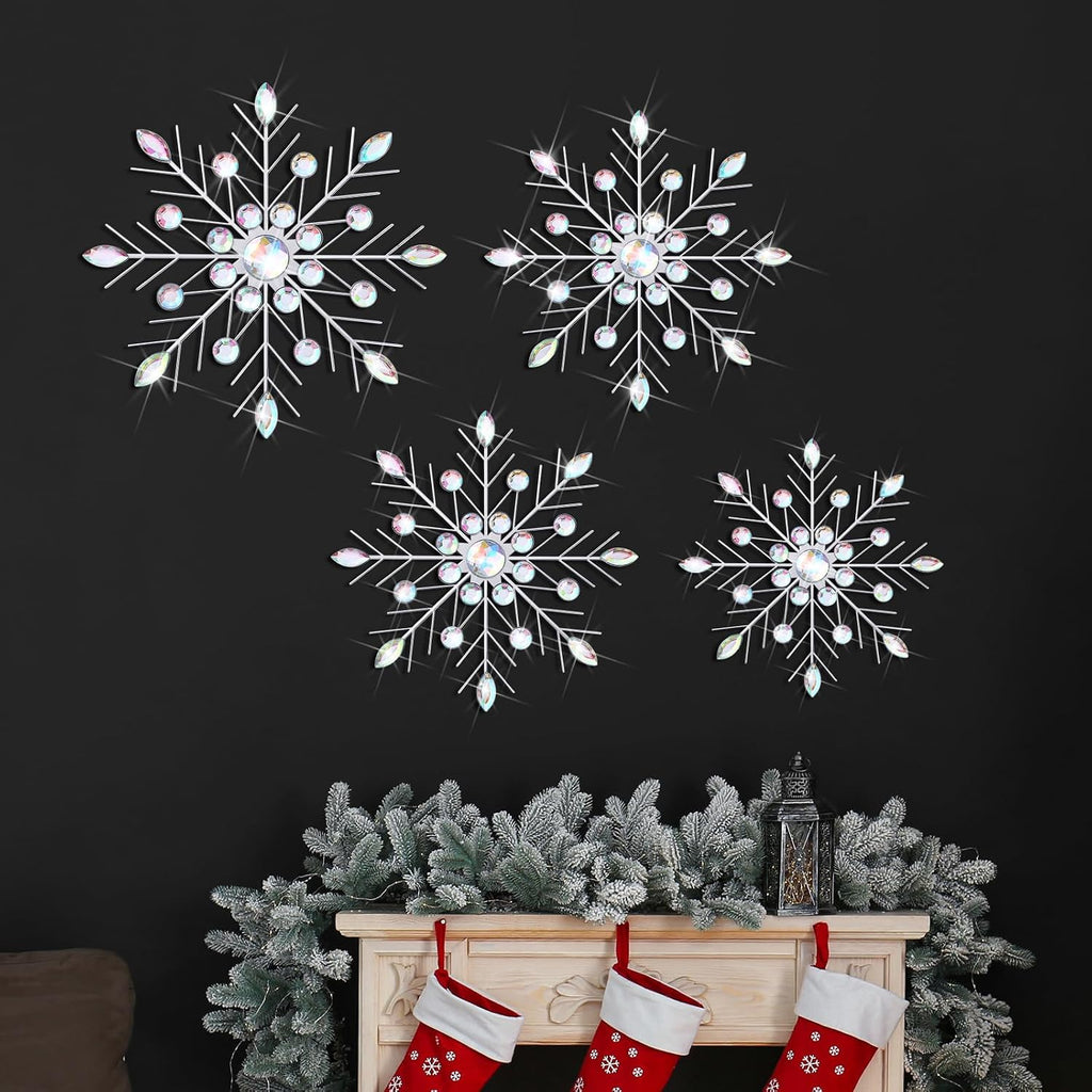 Hicarer 4 Pcs 12" 10" 8" Snowflake Metal Wall Art Rhinestones 3D Decor Christmas Silver Hanging Metal Artwork Wall Decor Glitter Crafts Snowflake Decorations for Home Living Room Office(Snowflake)