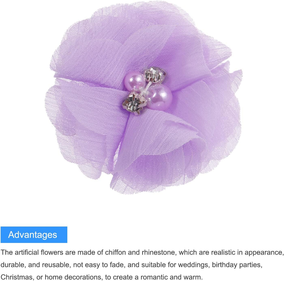 MECCANIXITY Artificial Rhinestone Chiffon Flower Heads, Light Purple Faux Flowers 2 Inch for DIY Craft Wedding and Party Decoration Pack of 30