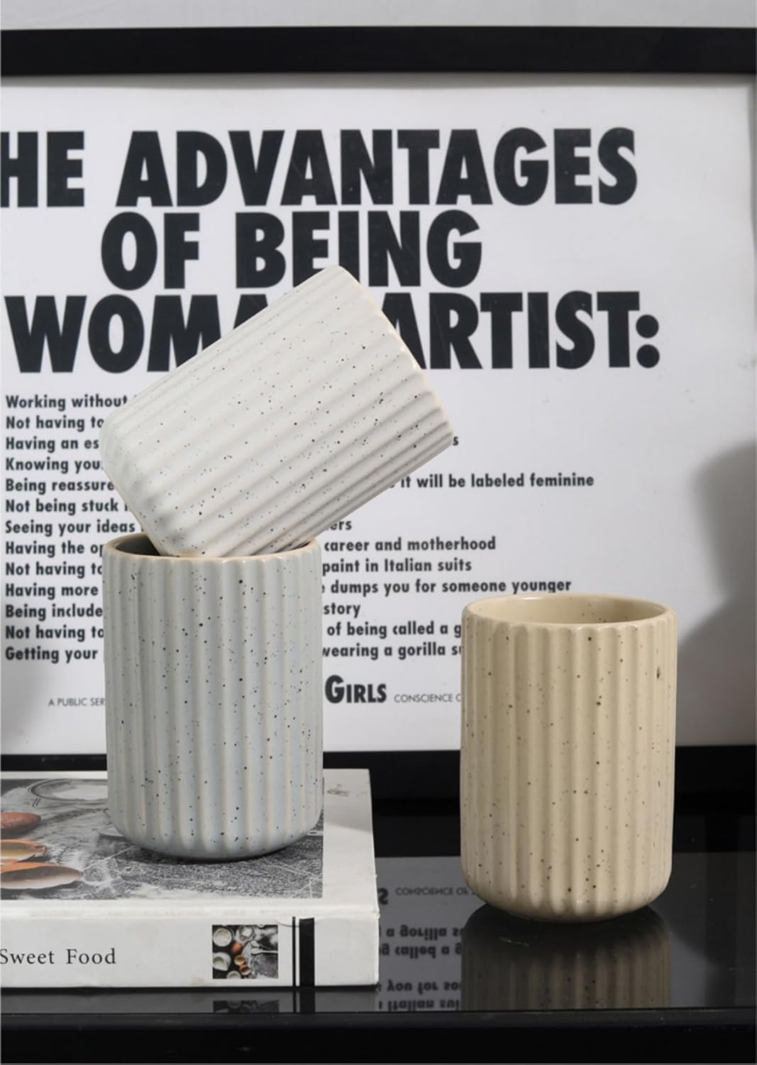 Stoneware Toothbrush Holder for Bathroom Tooth Brush Holder for Bathroom Toothbrush Cup Toothbrush Holders Cute Fluted Vertical Ribbed Stripe (Speckled Beige)