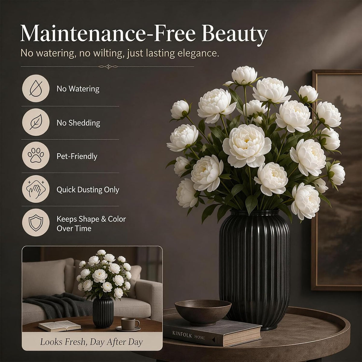Artificial Flowers for Vase, 5 Stems Faux Peony Silk, 20 Blooms
