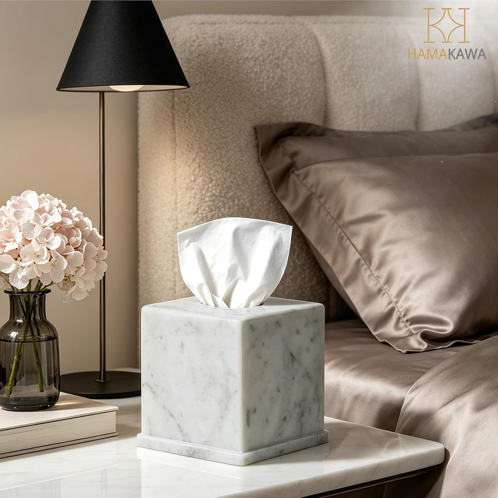 Natural Marble Tissue Box Cover, Carrara White Tissue Organizer