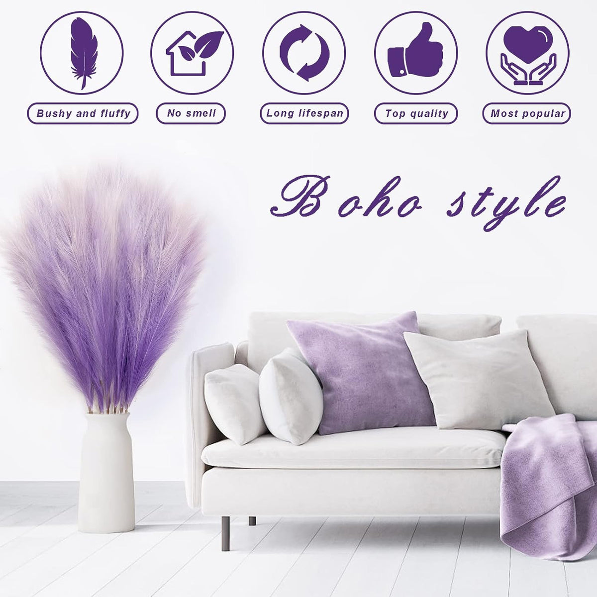 KALYLOC 8Pcs 3FT Purple Faux Pampas Grass Artificial Bulrush for Boho Decor