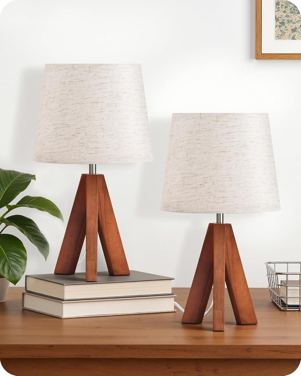 Tripod Table Lamps Set of 2, Small Bedside Lamps, Modern Nightstand Lamp with Dark Pearwood Base & Beige Shade, Boho Desk Light for Bedroom, Kids Room, Living Room, Office, Study, LE51TLP205