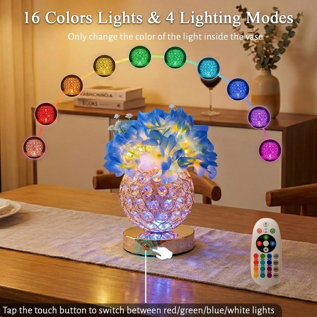 Flower Table Lamp, 16 Color Changing Hydrangea Crystal Night Light with Remote, Touch Dimming Artificial Flower Light, Romantic Flower Decoration Gifts for Girl Women Mom (Blue-Hydrangea)