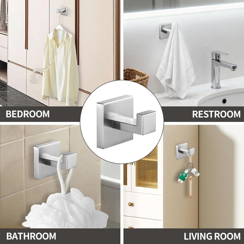 4-Pack Silver Towel Hooks for Bathroom, Heavy Duty Stainless Steel Robe Hooks Bath Towel Holder, Wall Mounted Hand Towel Hook for Shower, Kitchen, Bedroom Closet Door Hanger Hook (Drill Hole)