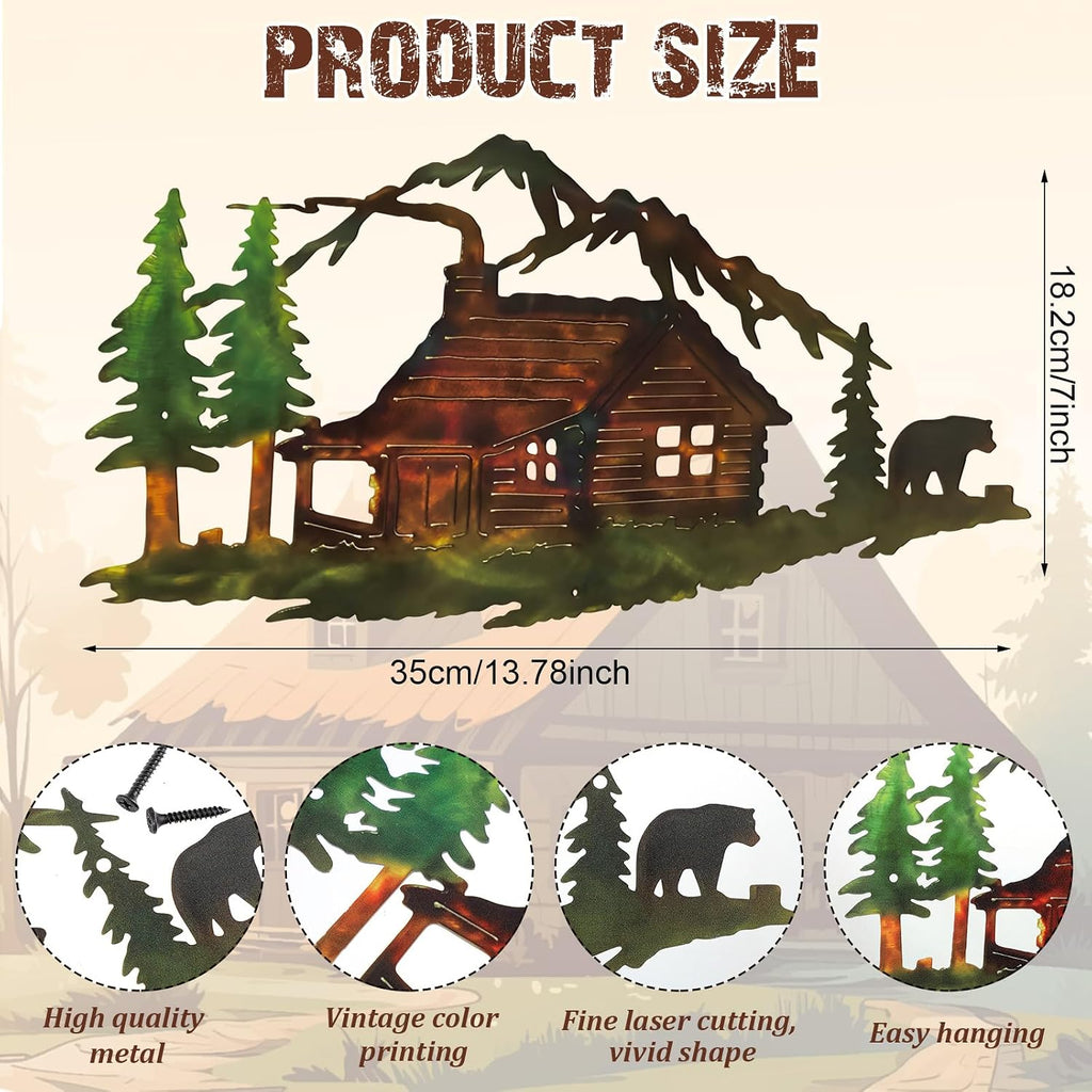 MorningRo Metal Cabin Bear Wall Art Farmhouse Forest Mountain Lodge Wall Decor Rustic Animal Hunting Decor Cabin Decorations Bear Lover Gifts for Home Bedroom Decoration, 13.78 x 7 Inch