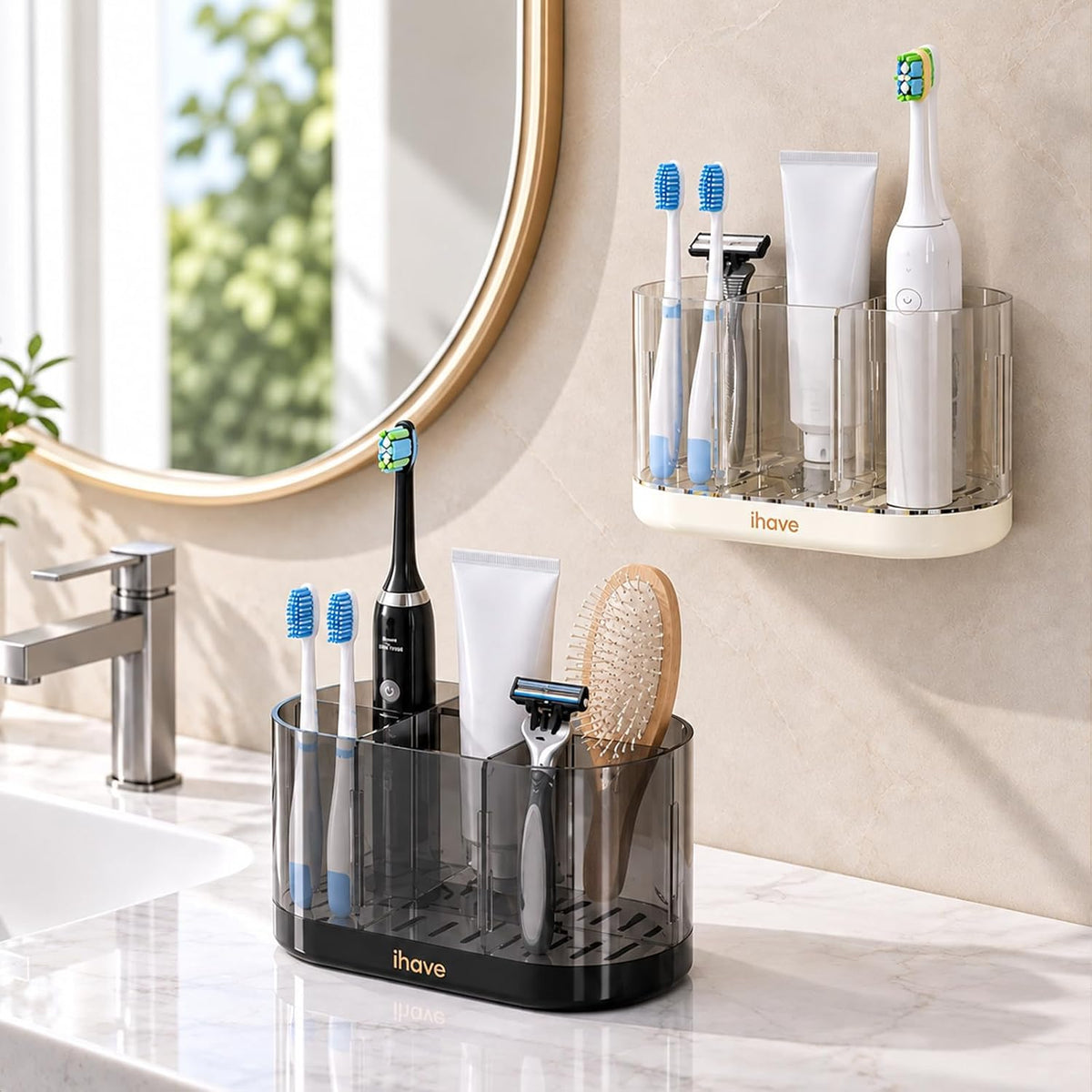 iHave Toothbrush Holders, Bathroom Counter Organizer with Wall Mount, White