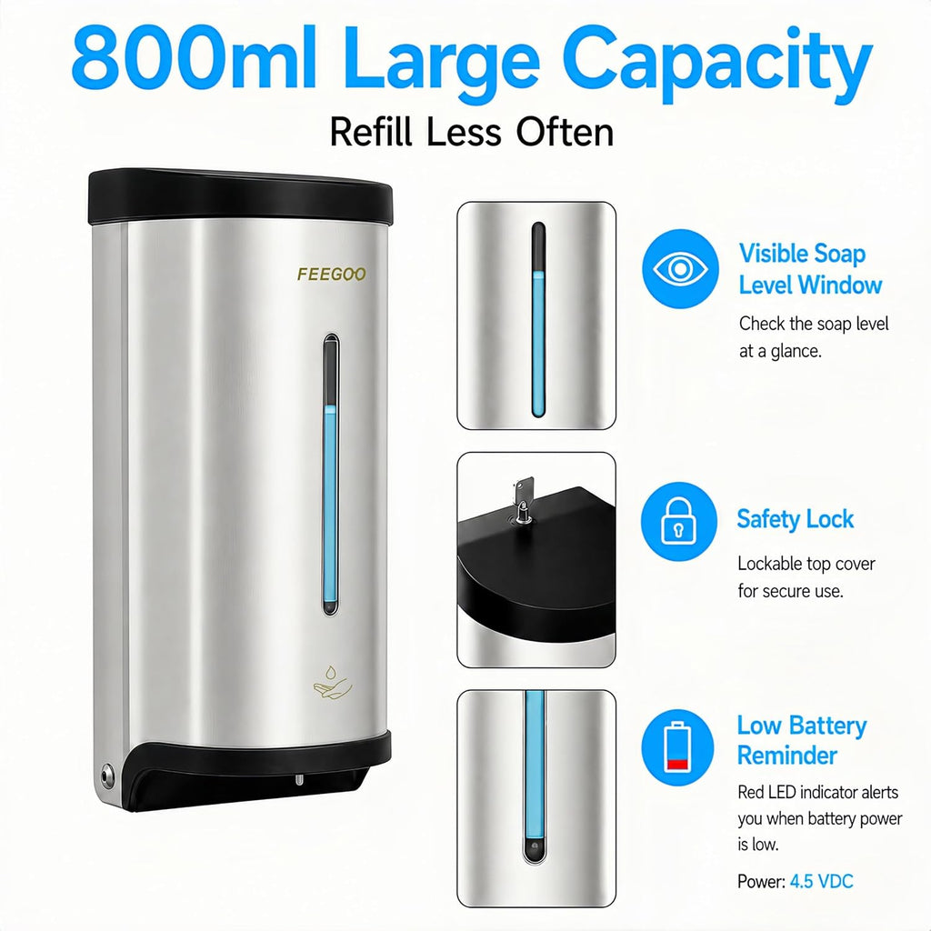 FG2000 Automatic Wall Soap Dispenser, 27 fl oz, Stainless Steel