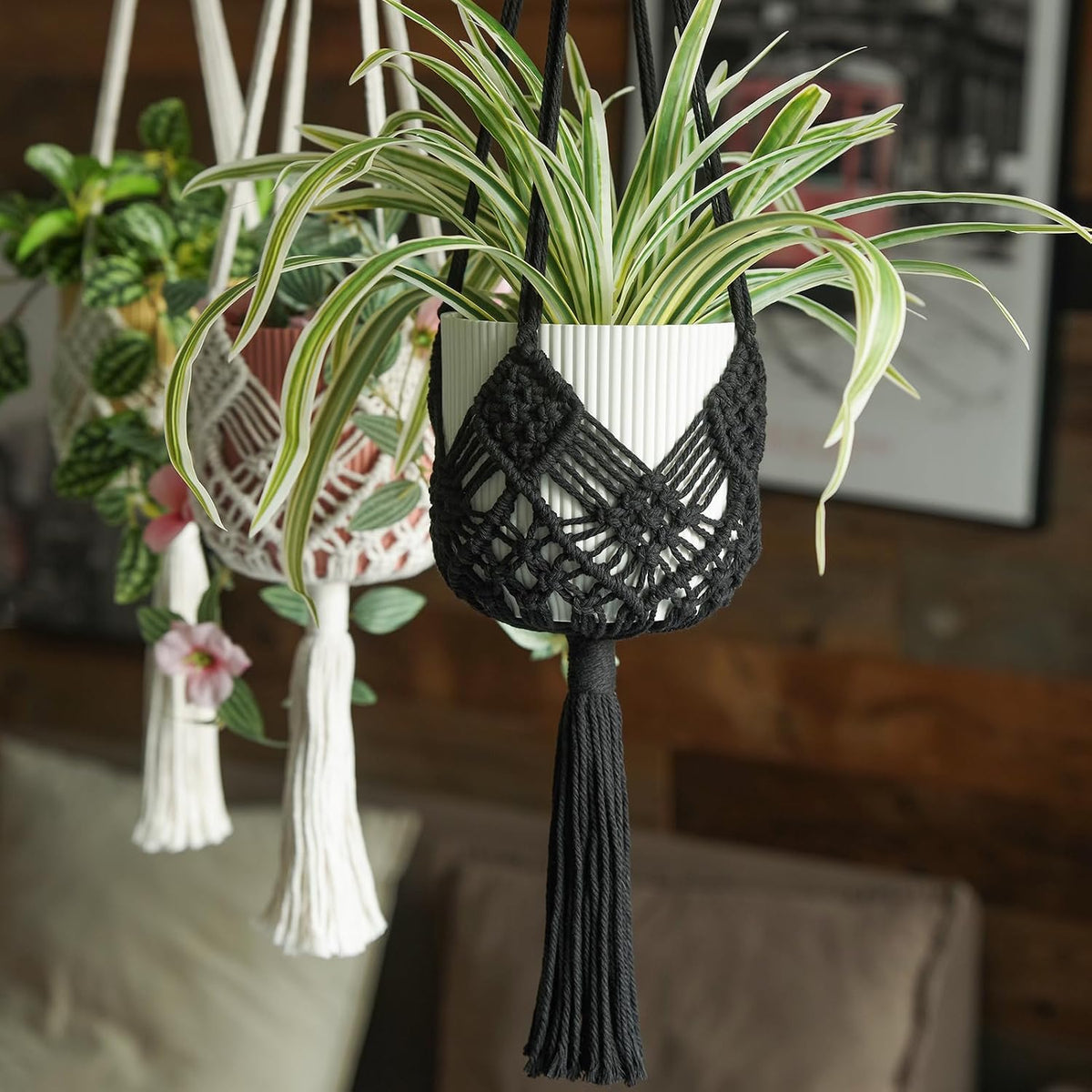 Hanging Planter with Patterns,2Packs Macrame Plant Hangers Indoor Macrame for up to 8 inch Pot Crochet Boho Plant Hanger Holder for Indoor Outdoor with 2S Shaped Stainless Steel Hooks (Black)
