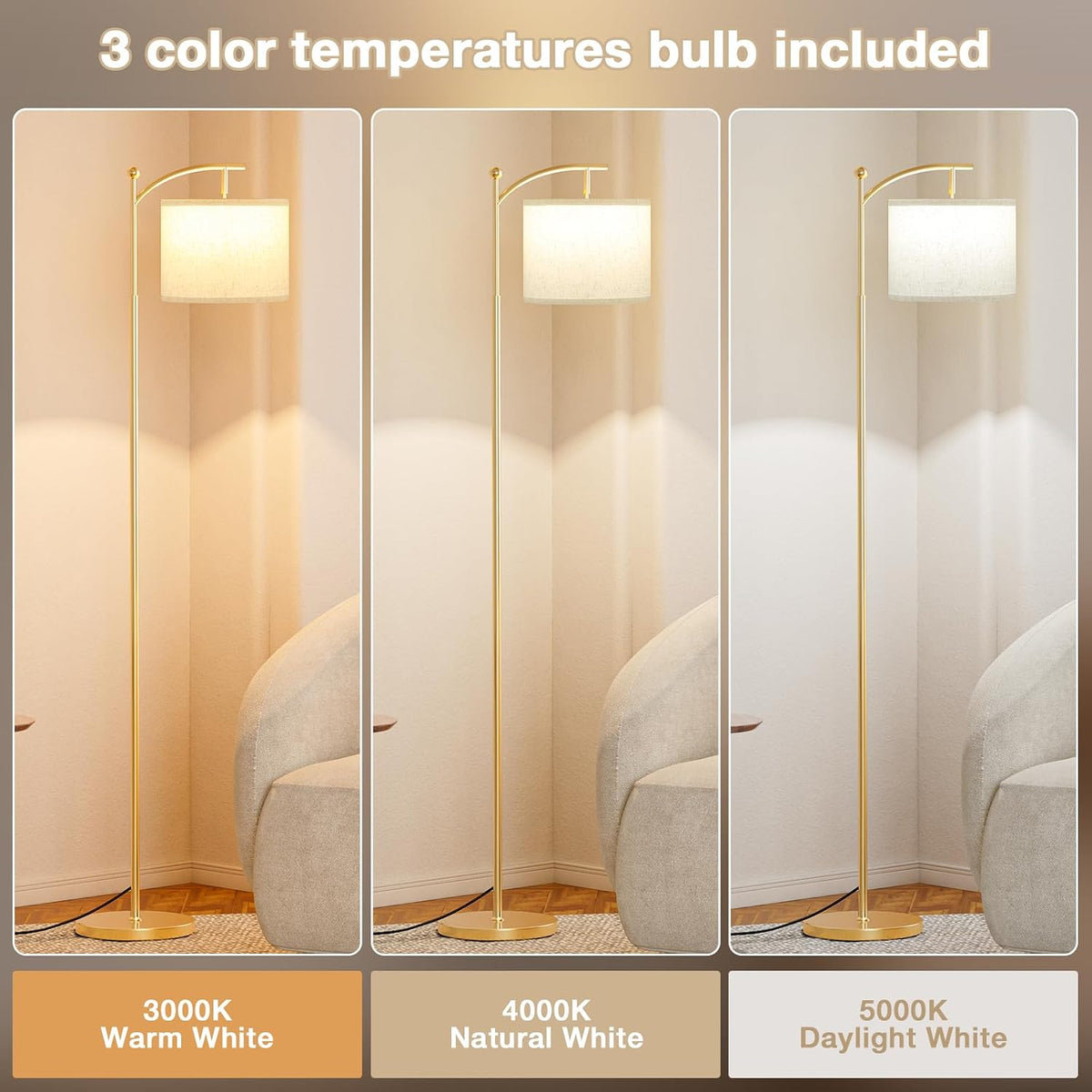 Ambimall 60" Floor Lamp with 3 Color Temperatures, Adjustable Beige Shade, Gold Pole - Tall Lamp for Living Room, Bedroom, Office, Classroom, Dorm - 9W Bulb Included