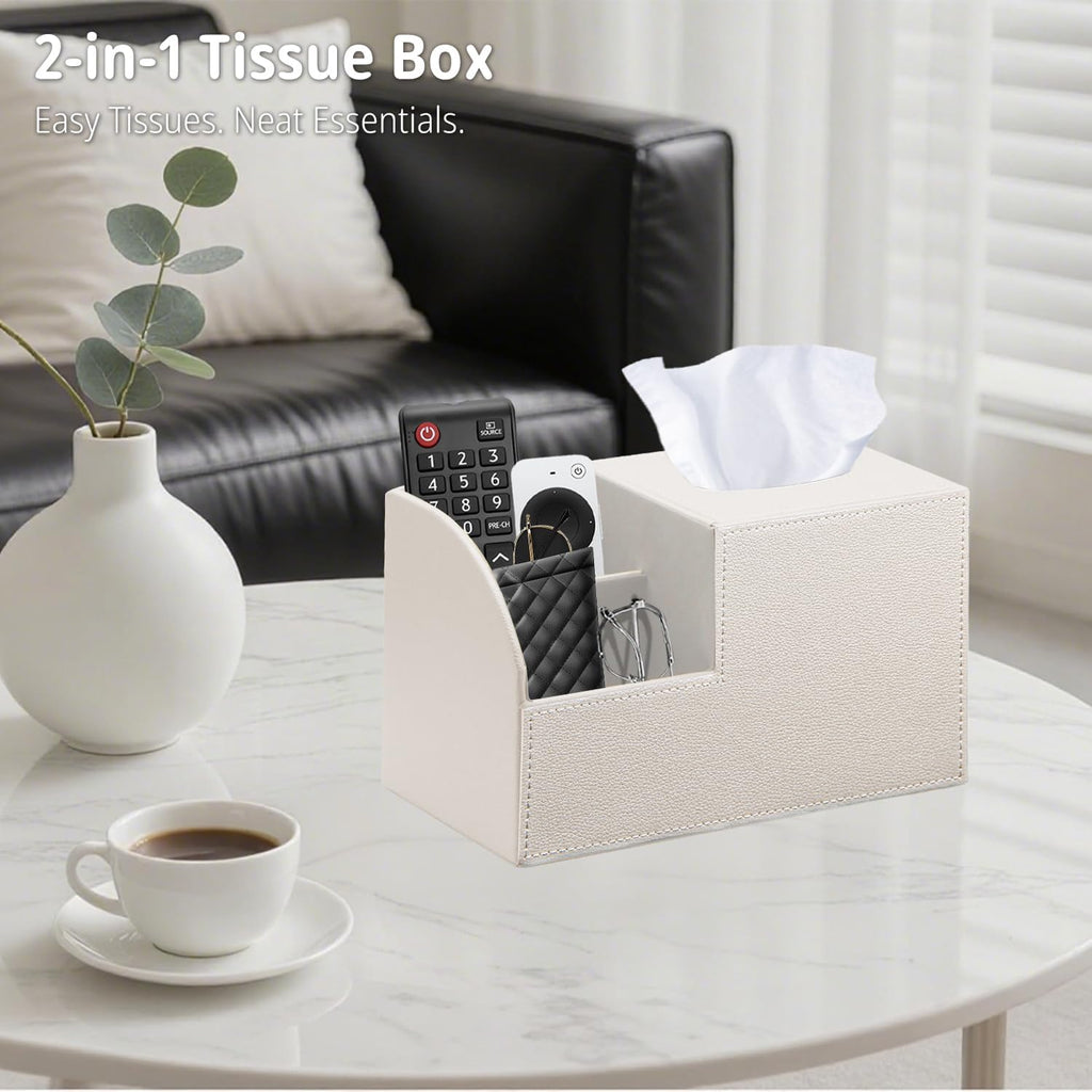 Square Tissue Box Cover with Storage, PU Leather Facial Cube Tissue Holder.TV Remote Control Holder, Desk Accessories Nightstand Organizer, Modern Table Caddy for Bathroom, Bedroom, Home, Office Decor
